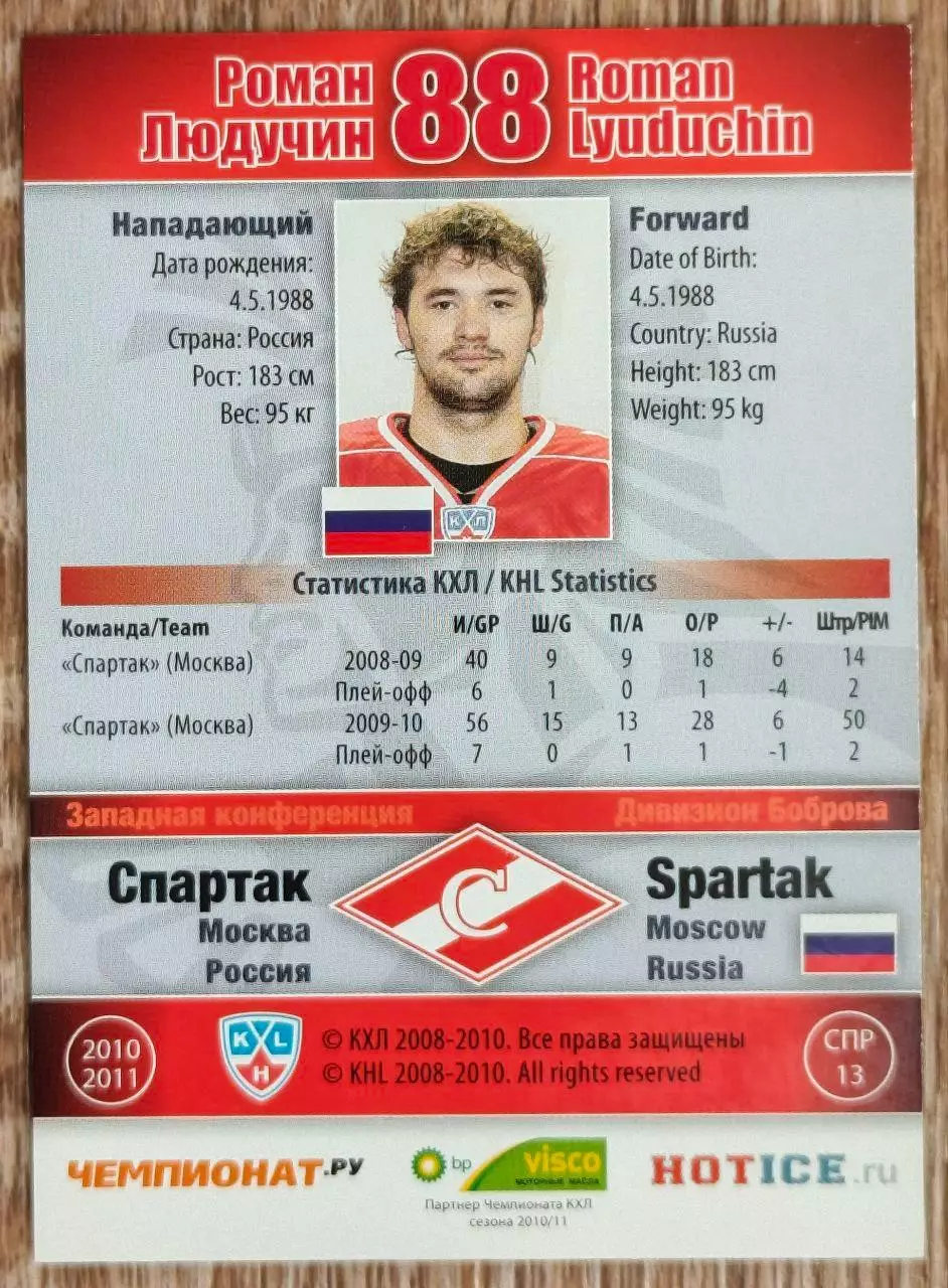 Карточка КХЛ. Роман Людучин Спартак. 2010-2011 SeReal 1