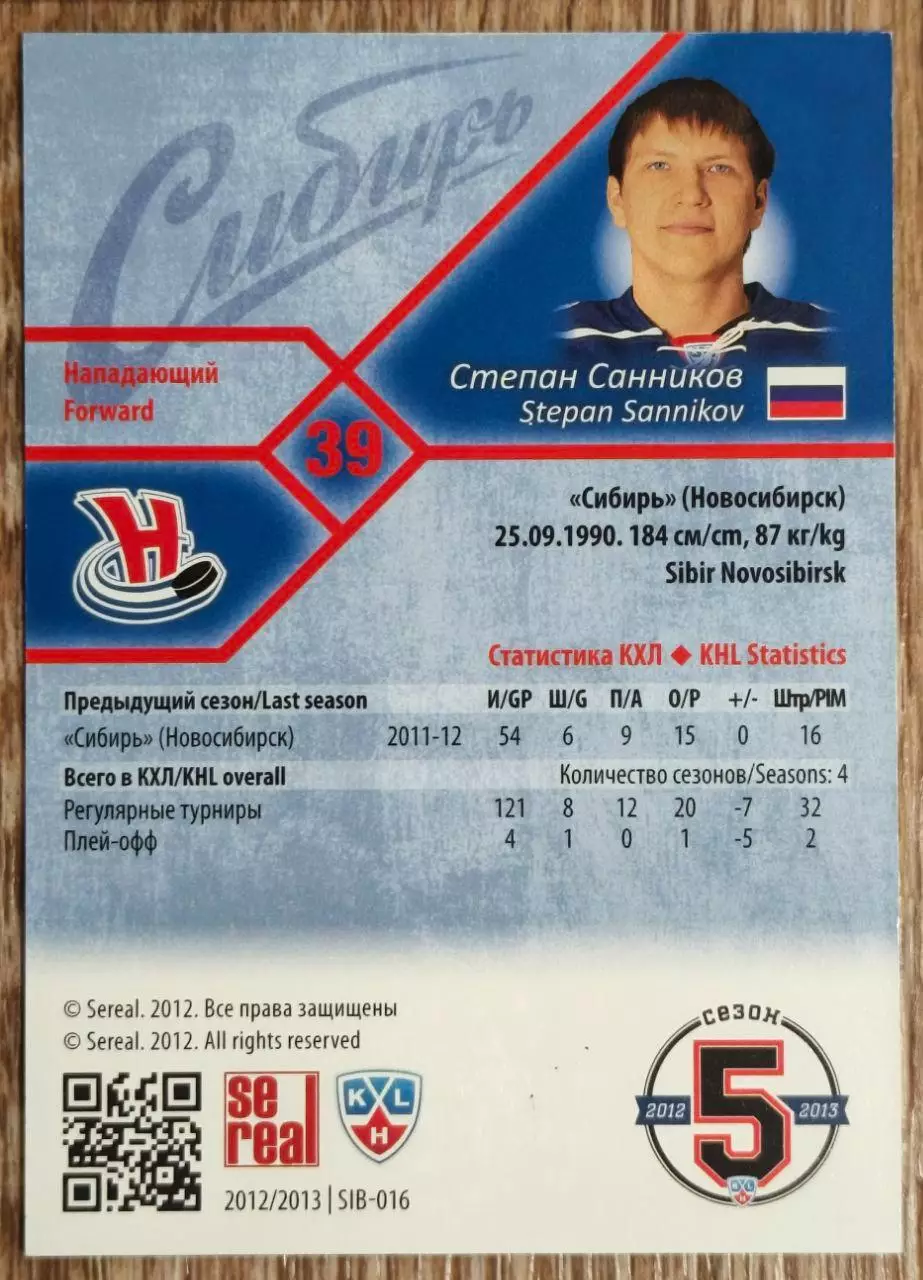 Карточка КХЛ. Степан Санников Сибирь. 2012-2013 SeReal 1