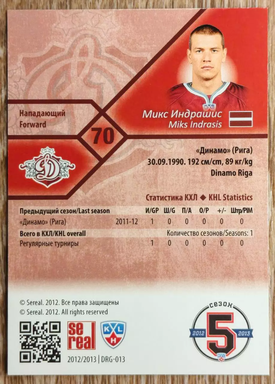 Карточка КХЛ. Микс Индрашис Динамо Рига. 2012-2013 SeReal 1