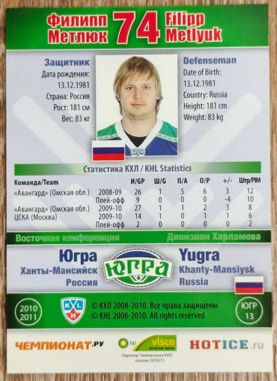Карточка КХЛ. Филипп Метлюк Югра. 2010-2011 SeReal 1