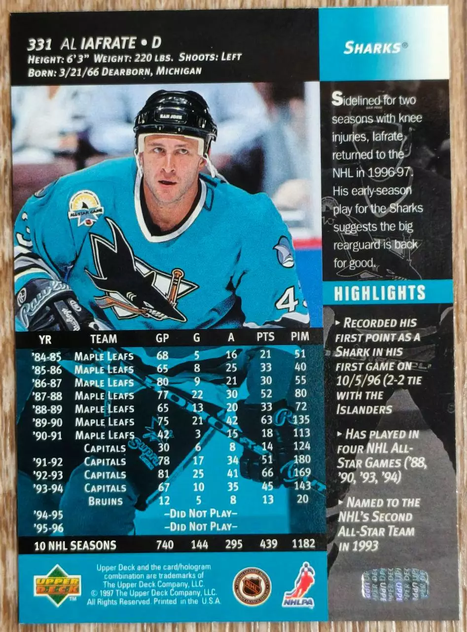 Карточка NHL. Эл Айэфрейти/Al Iafrate Сан-Хосе 1
