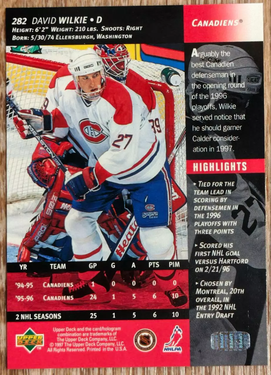 Карточка NHL. Дэвид Уилки/David Wilkie Монреаль 1