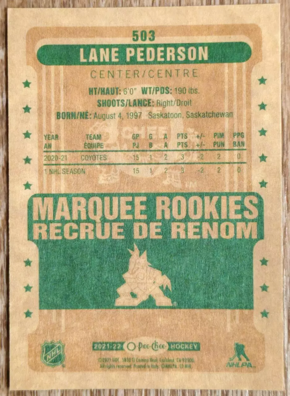 Карточка NHL. Лэйн Педерсон/Lane Pederson Аризона 1