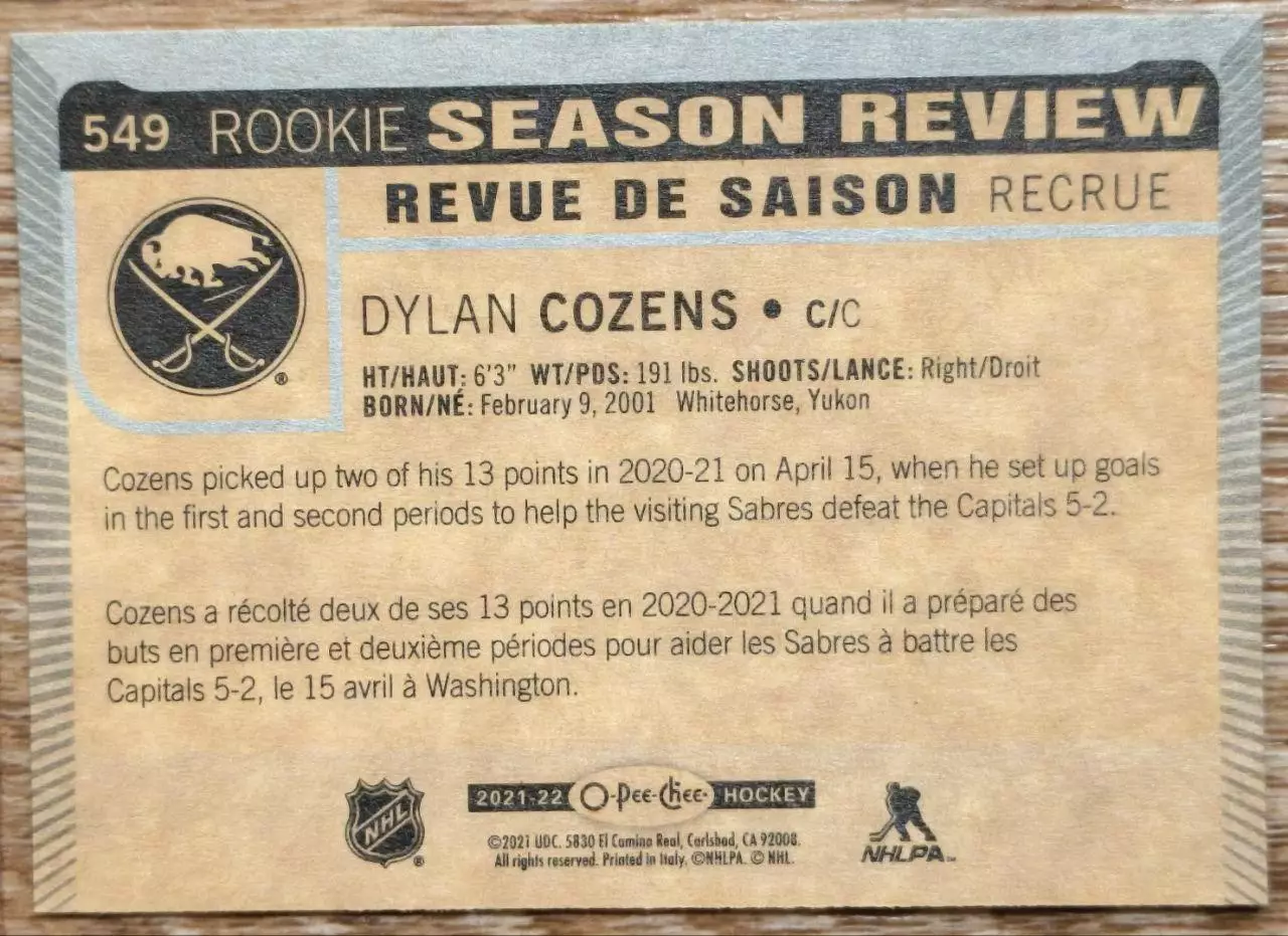 Карточка NHL. Дилан Козенс/Dylan Cozens Баффало 1