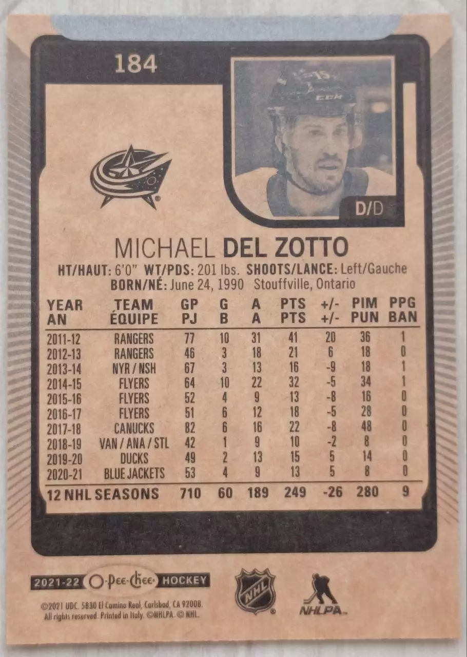 Карточка NHL. Майкл Дель Зотто/Michael Del Zotto Коламбус 1