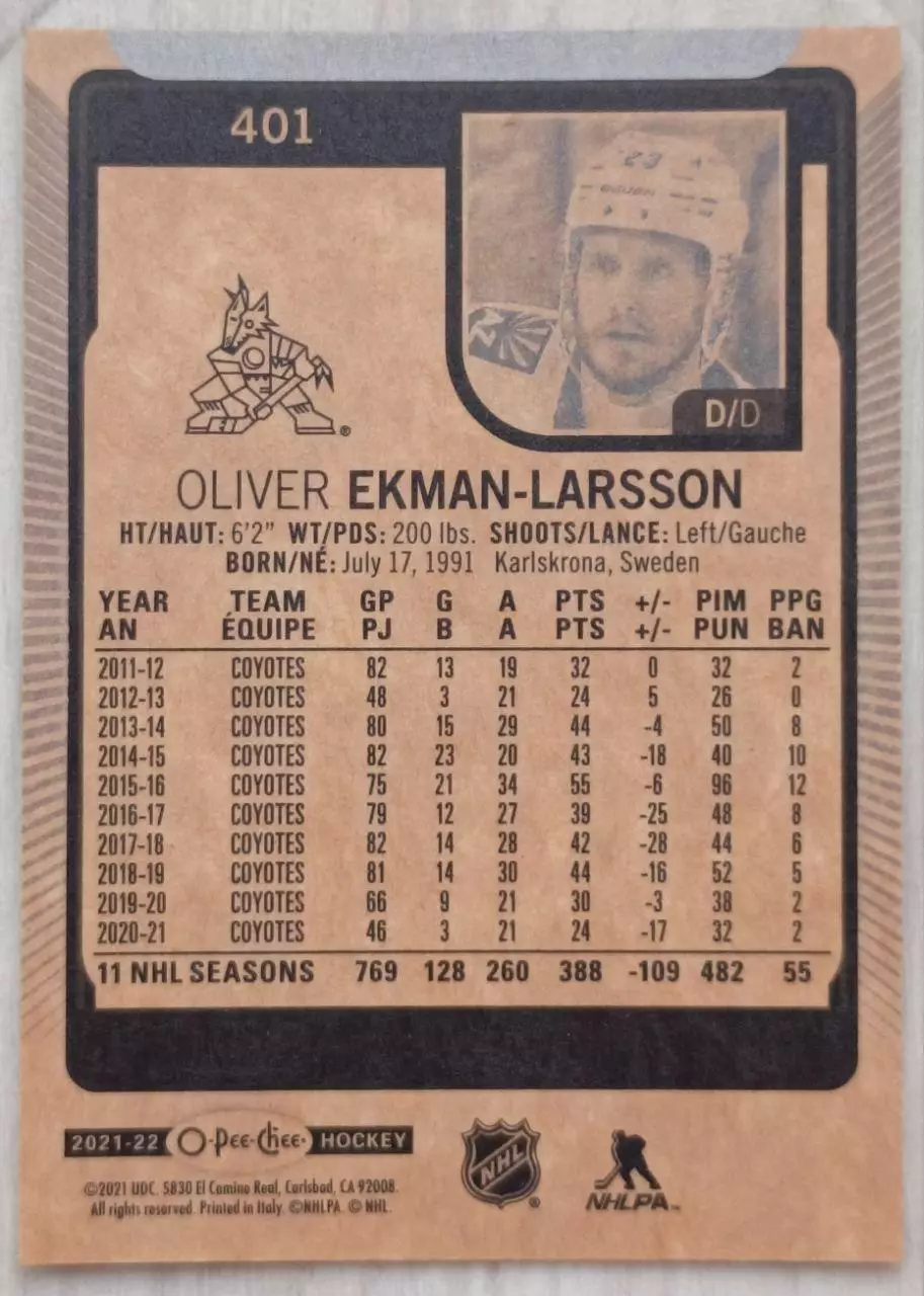 Карточка NHL. Оливер Экман-Ларссон/Oliver Ekman-Larsson Аризона 1