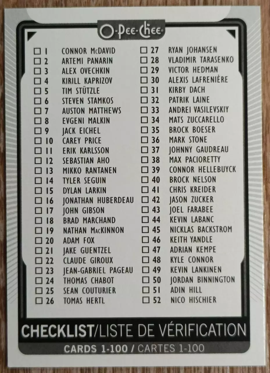 Карточка NHL. Чеклист/Checklist. O-Pee-Chee 2021-2022. 1-100