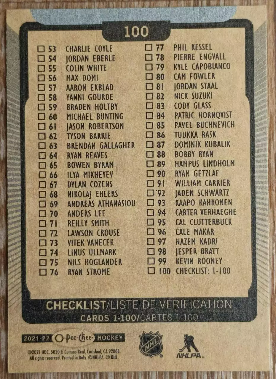 Карточка NHL. Чеклист/Checklist. O-Pee-Chee 2021-2022. 1-100 1