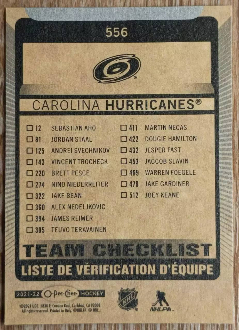 Карточка NHL. Чеклист/Checklist. O-Pee-Chee 2021-2022. Каролина 1