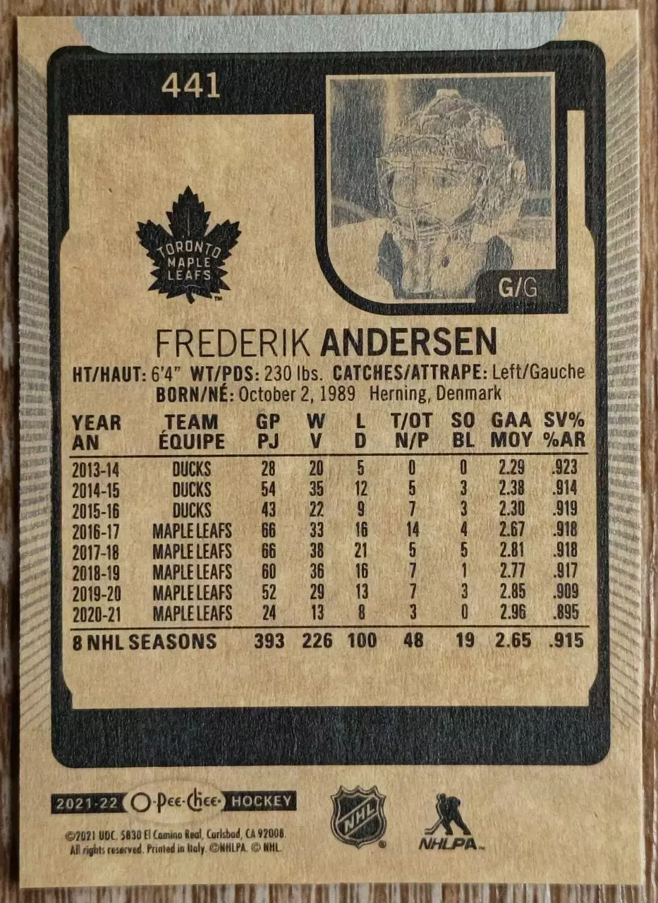 Карточка NHL. Фредерик Андерсен/Frederik Andersen Торонто 1