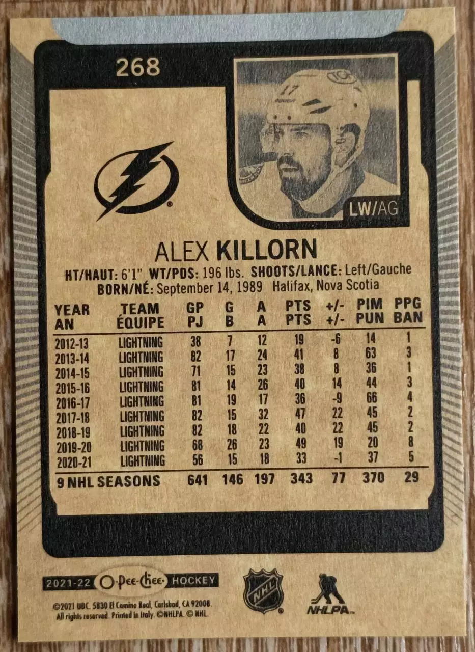 Карточка NHL. Алекс Киллорн/Alex Killorn Тампа 1