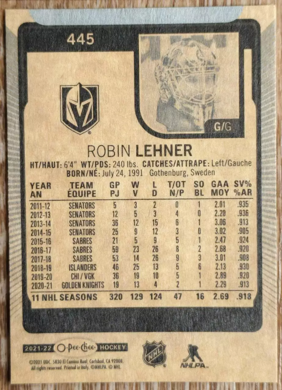 Карточка NHL. Робин Ленер/Robin Lehner Вегас 1