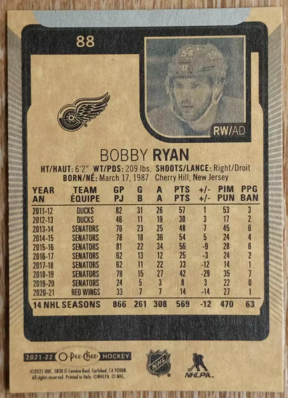 Карточка NHL. Бобби Райан/Bobby Ryan Детройт 1
