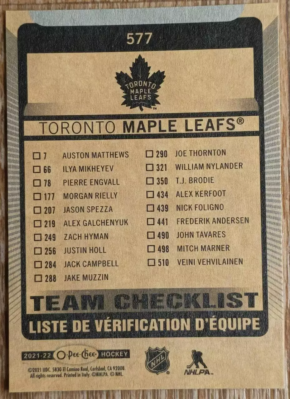Карточка NHL. Чеклист/Checklist. O-Pee-Chee 2021-2022. Торонто 1
