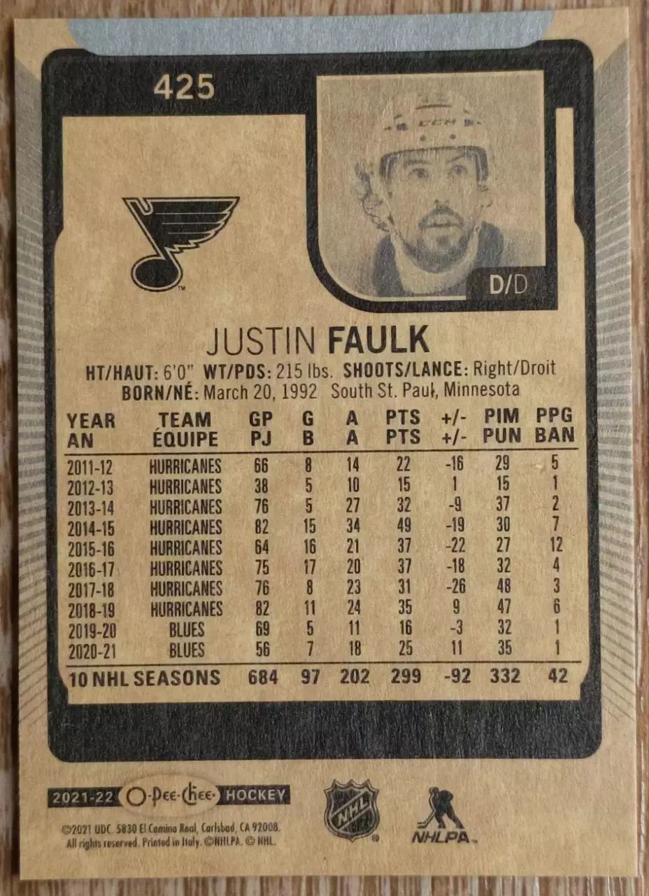 Карточка NHL. Джастин Фолк/Justin Faulk Сент-Луис 1