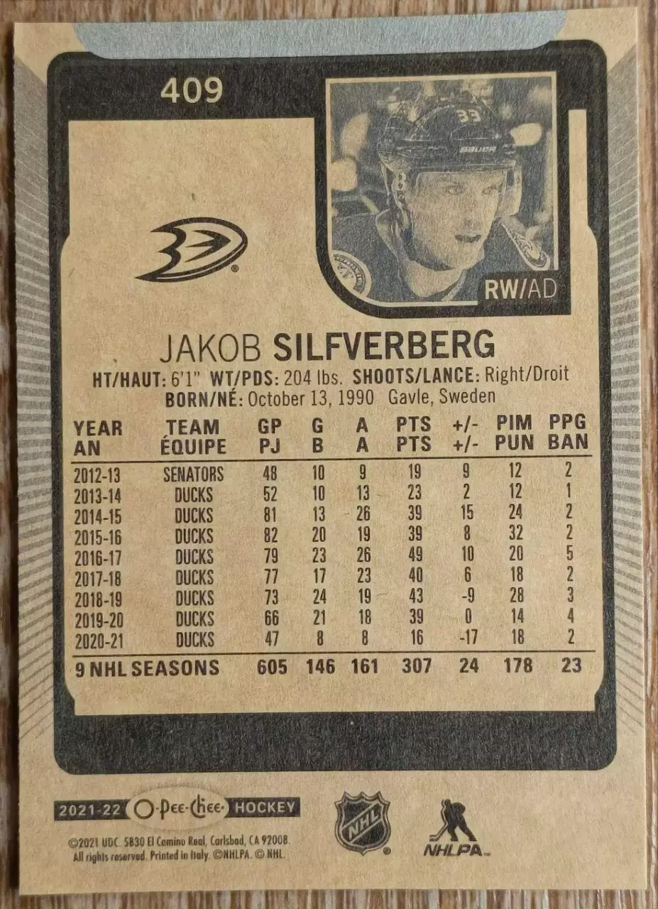 Карточка NHL. Якоб Сильверберг/Jakob Silfverberg Анахайм 1
