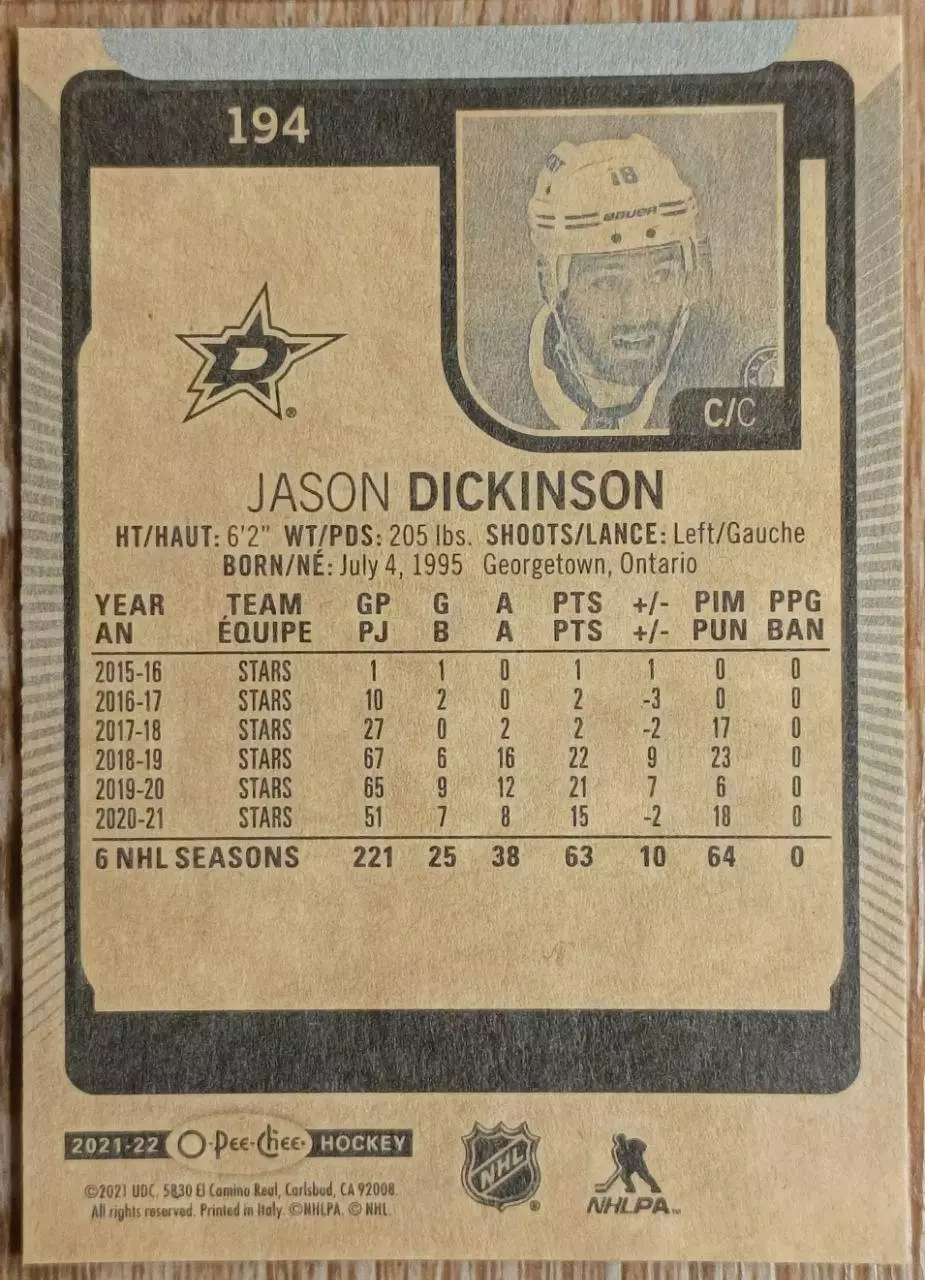 Карточка NHL. Джейсон Дикинсон/Jason Dickinson Даллас 1