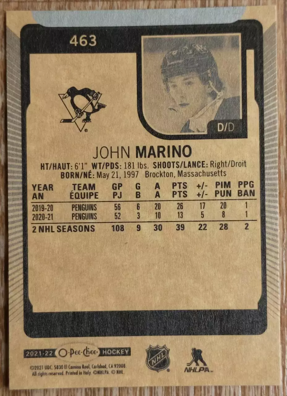 Карточка NHL. Джон Марино/John Marino Питтсбург 1