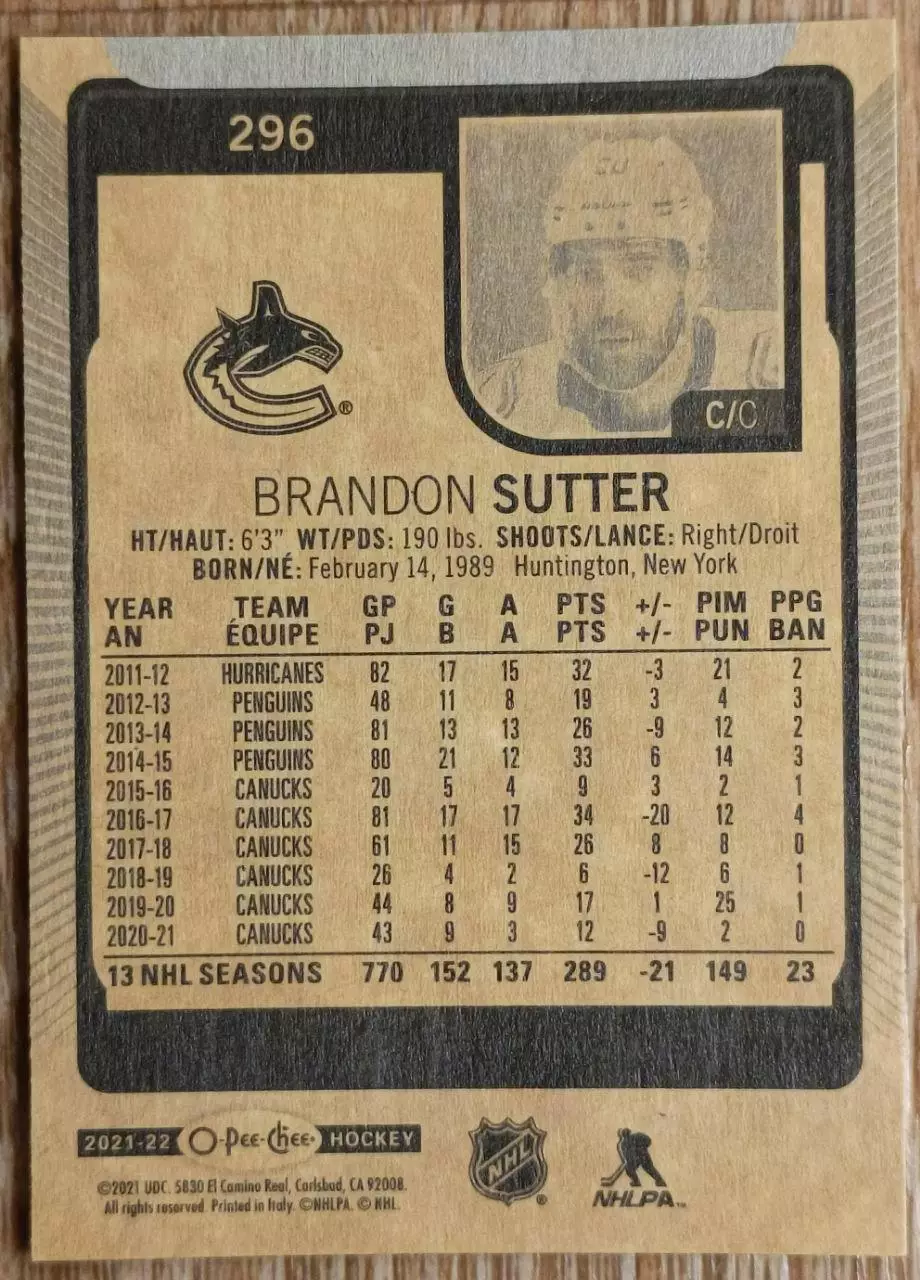 Карточка NHL. Брэндон Саттер/Brandon Sutter Ванкувер 1
