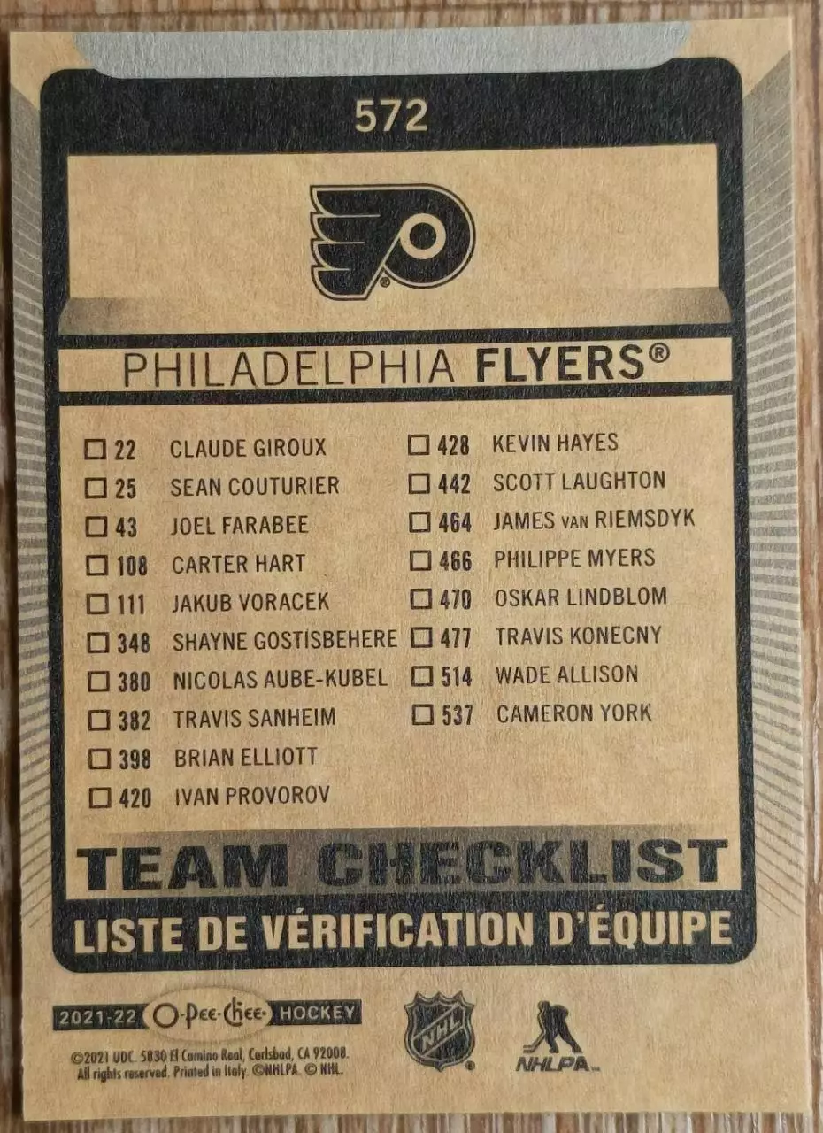 Карточка NHL. Чеклист/Checklist. O-Pee-Chee 2021-2022. Филадельфия 1