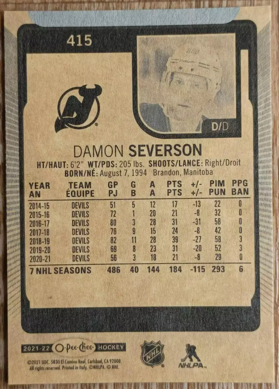 Карточка NHL. Дэймон Северсон/Damon Severson Нью-Джерси 1