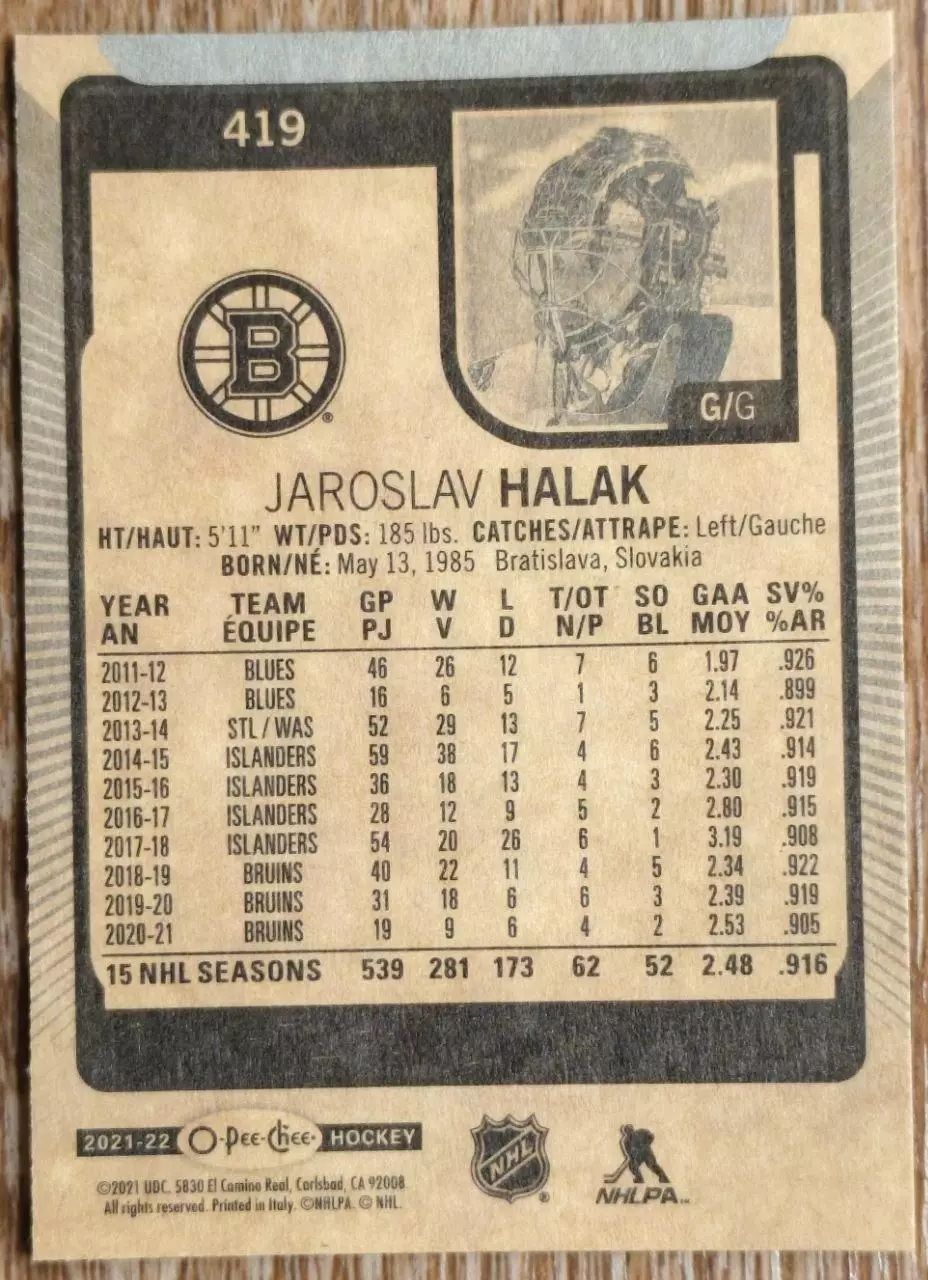 Карточка NHL. Ярослав Галак/Jaroslav Halak Бостон 1