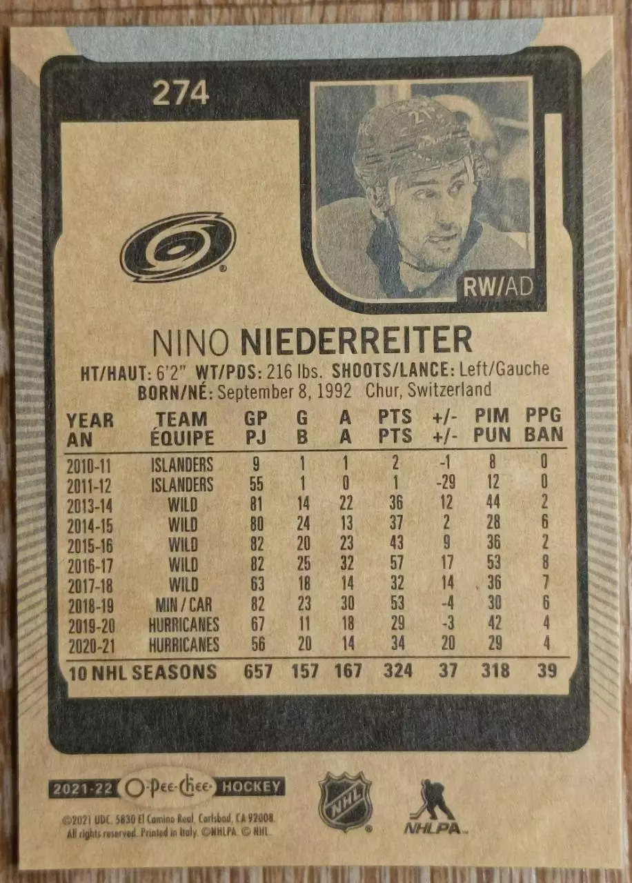 Карточка NHL. Нино Нидеррайтер/Nino Niederreiter Каролина 1