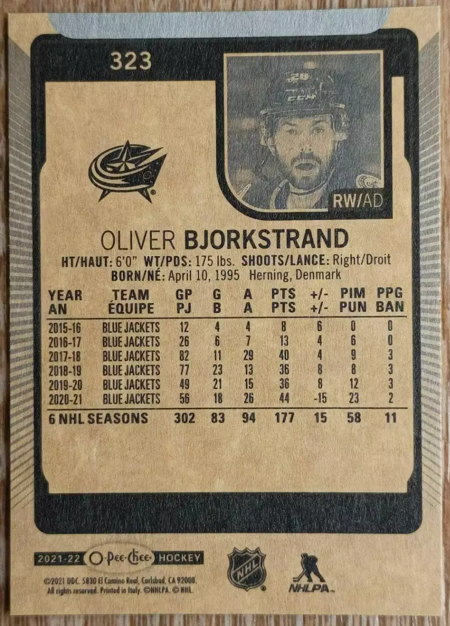 Карточка NHL. Оливер Бьоркстранд/Oliver Bjorkstrand Коламбус 1