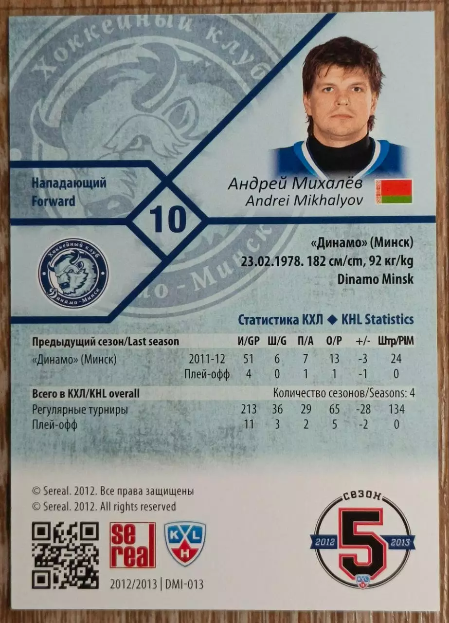 Карточка КХЛ. Андрей Михалев Динамо Минск. 2012-2013 SeReal 1