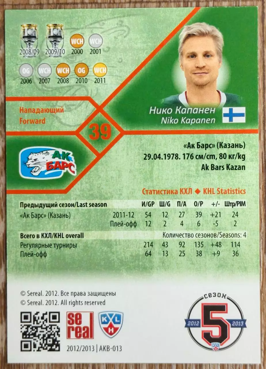 Карточка КХЛ. Нико Капанен Ак Барс. 2012-2013 SeReal 1