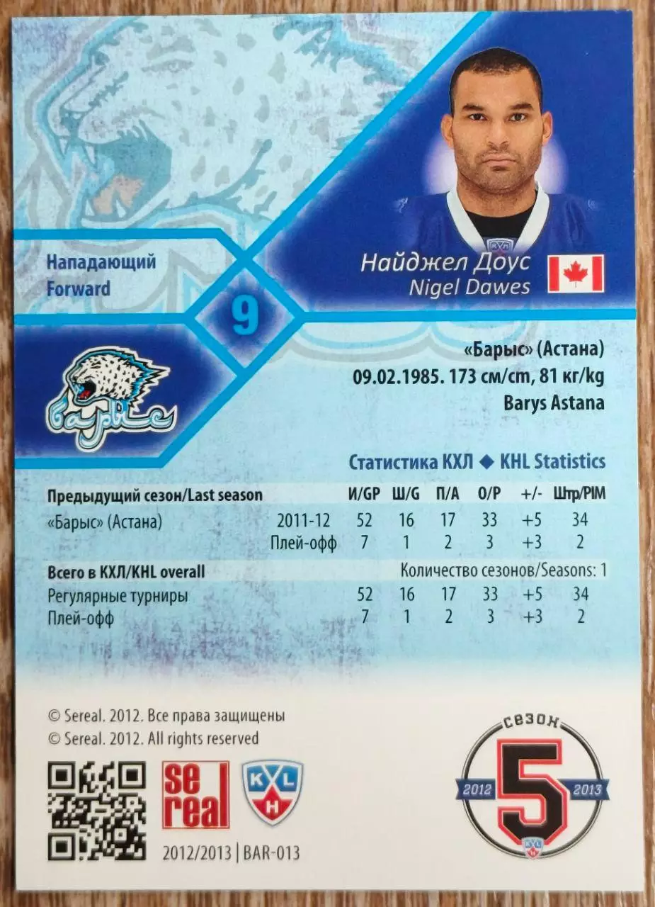 Карточка КХЛ. Найджел Доус Барыс. 2012-2013 SeReal 1