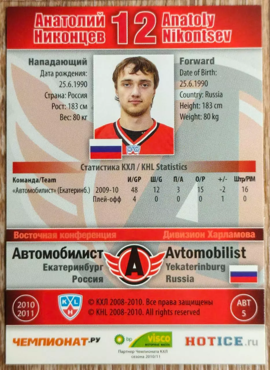Карточка КХЛ. Анатолий Никонцев Автомобилист. 2010-2011 SeReal 1