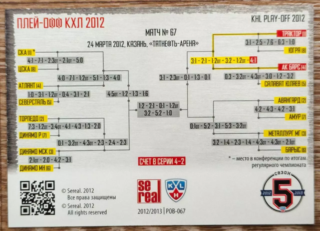 Карточка КХЛ. Ак Барс - Трактор. Битва за кубок. 2012-2013 SeReal 1