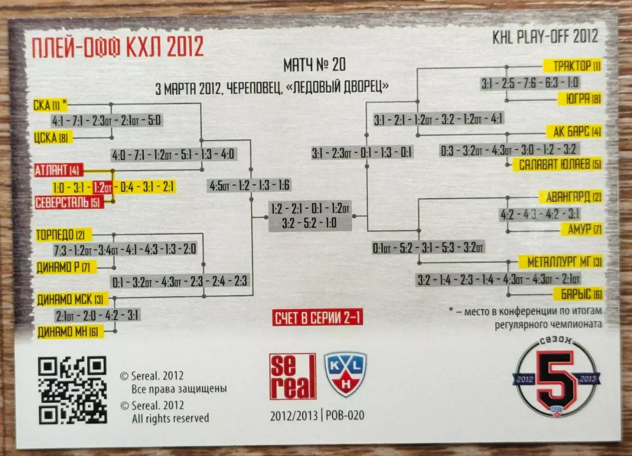 Карточка КХЛ. Северсталь - Атлант. Битва за кубок. 2012-2013 SeReal 1