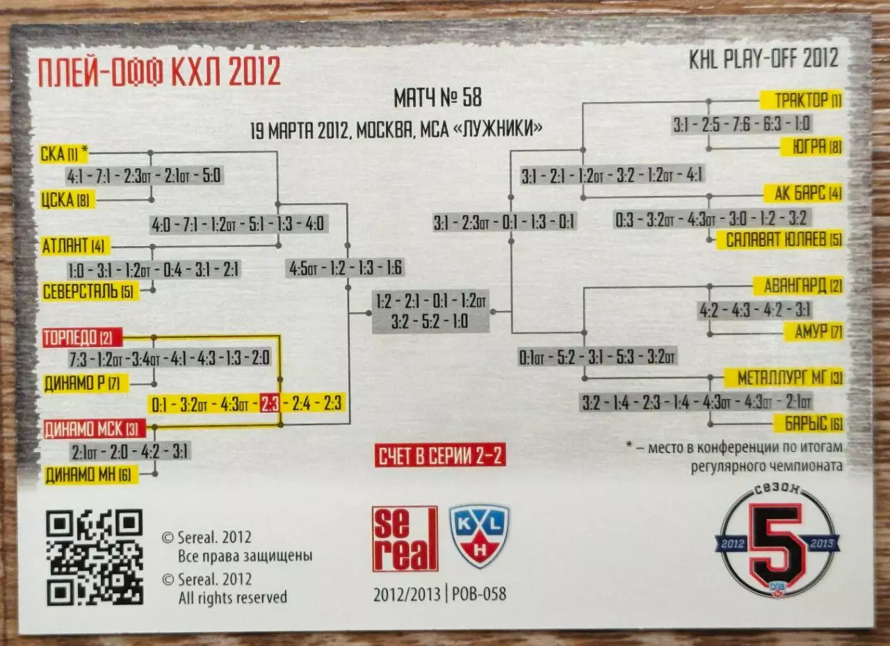 Карточка КХЛ. Динамо Москва - Торпедо. Битва за кубок. 2012-2013 SeReal 1