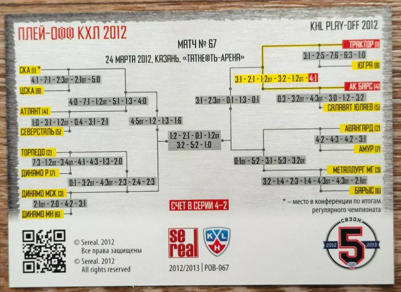 Карточка КХЛ. Ак Барс - Трактор. Битва за кубок. 2012-2013 SeReal 1