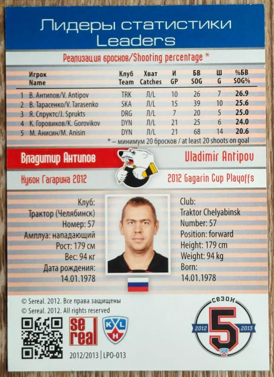 Карточка КХЛ. Владимир Антипов. Трактор. Лидеры статистики. 2012-2013 SeReal 1