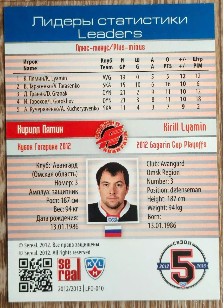 Карточка КХЛ. Кирилл Лямин. Авангард. Лидеры статистики. 2012-2013 SeReal 1