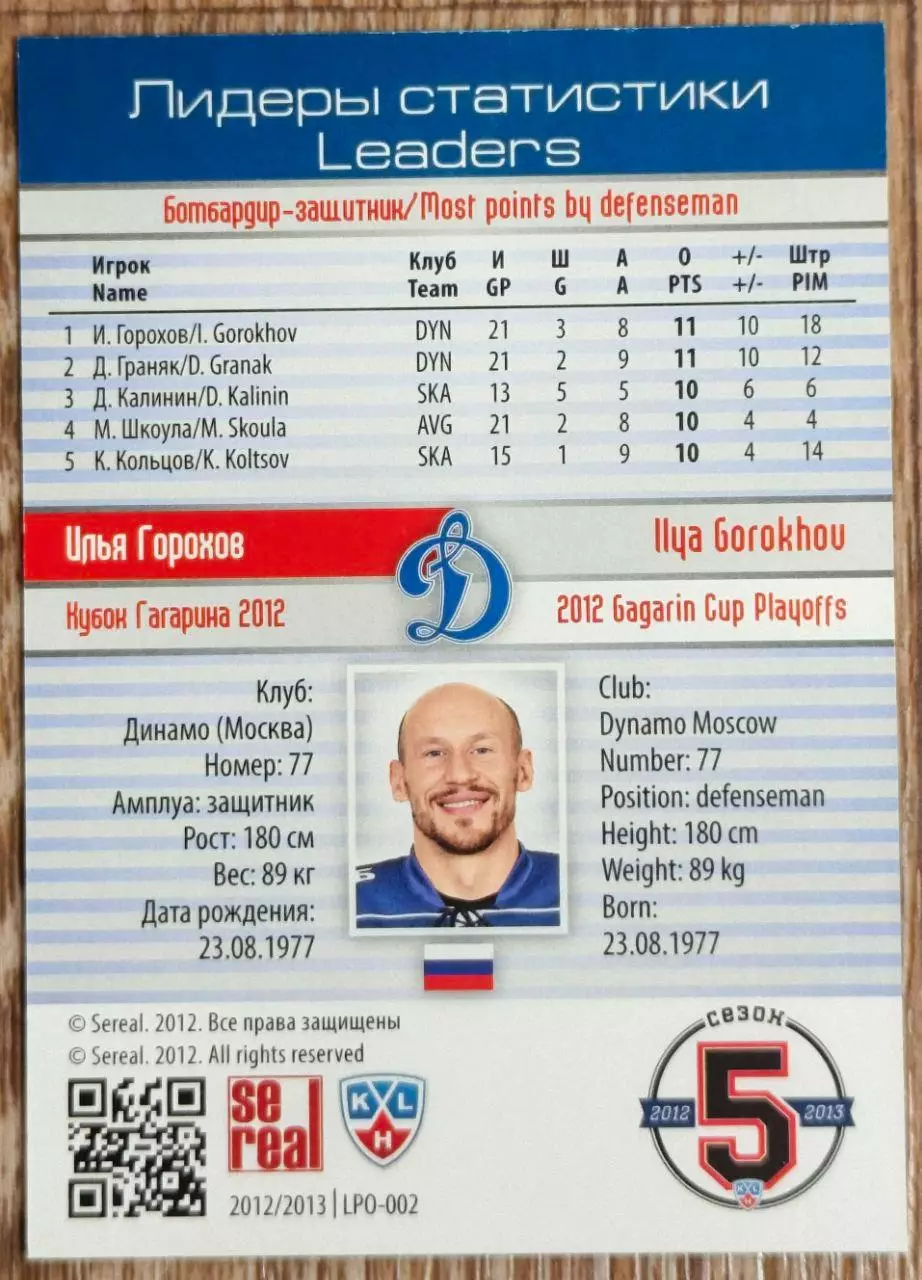 Карточка КХЛ. Илья Горохов. Динамо Москва. Лидеры статистики.2012-2013 SeReal 1