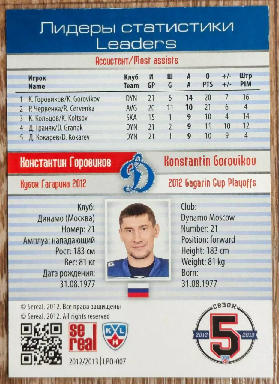 Карточка КХЛ.Константин Горовиков.Динамо Мск. Лидеры статистики.2012-2013 SeReal 1