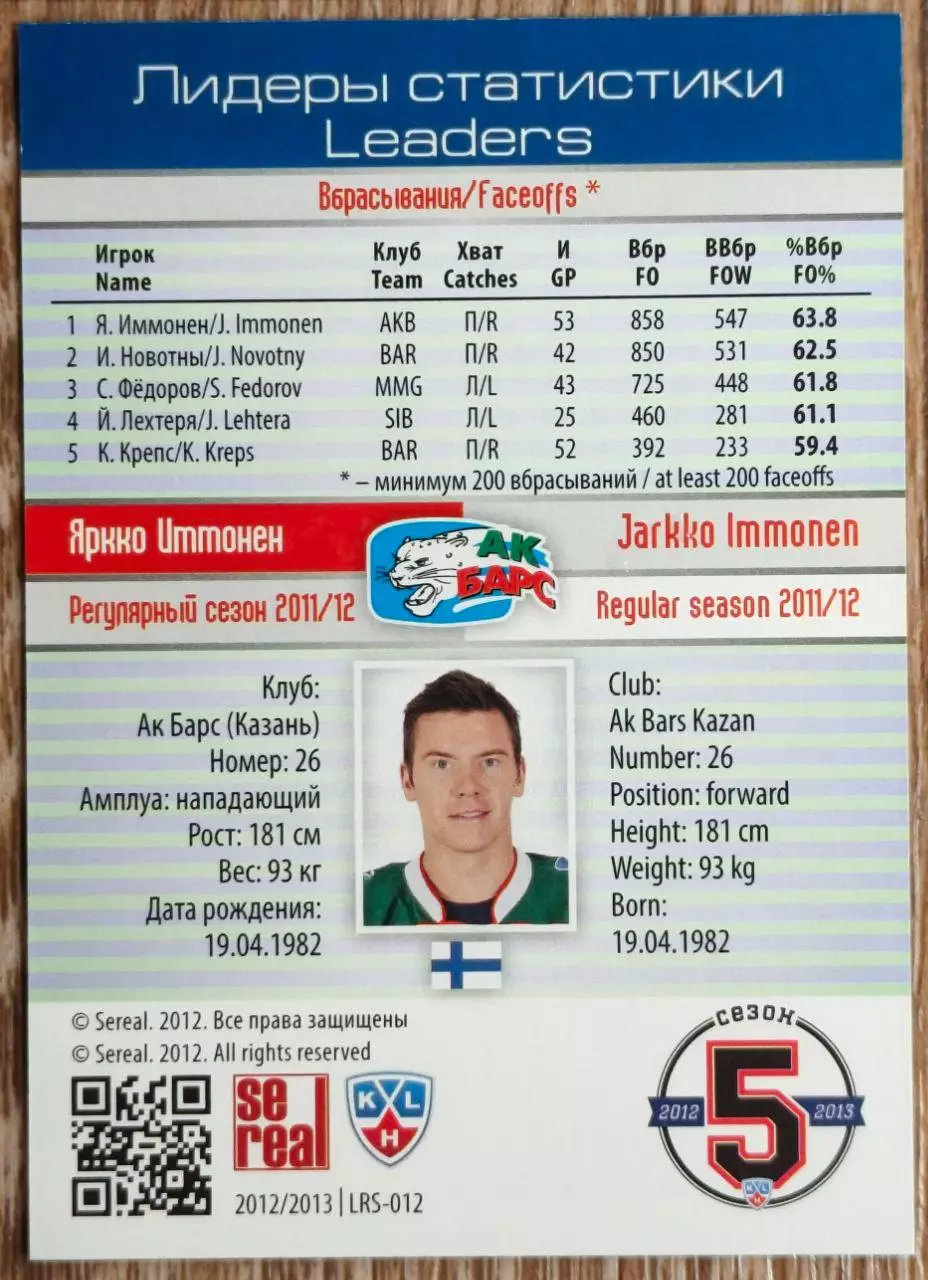 Карточка КХЛ. Яркко Иммонен. Ак Барс. Лидеры статистики. 2012-2013 SeReal 1
