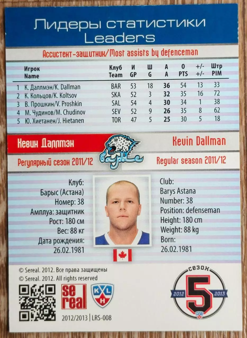 Карточка КХЛ. Кевин Даллмэн. Барыс. Лидеры статистики. 2012-2013 SeReal 1