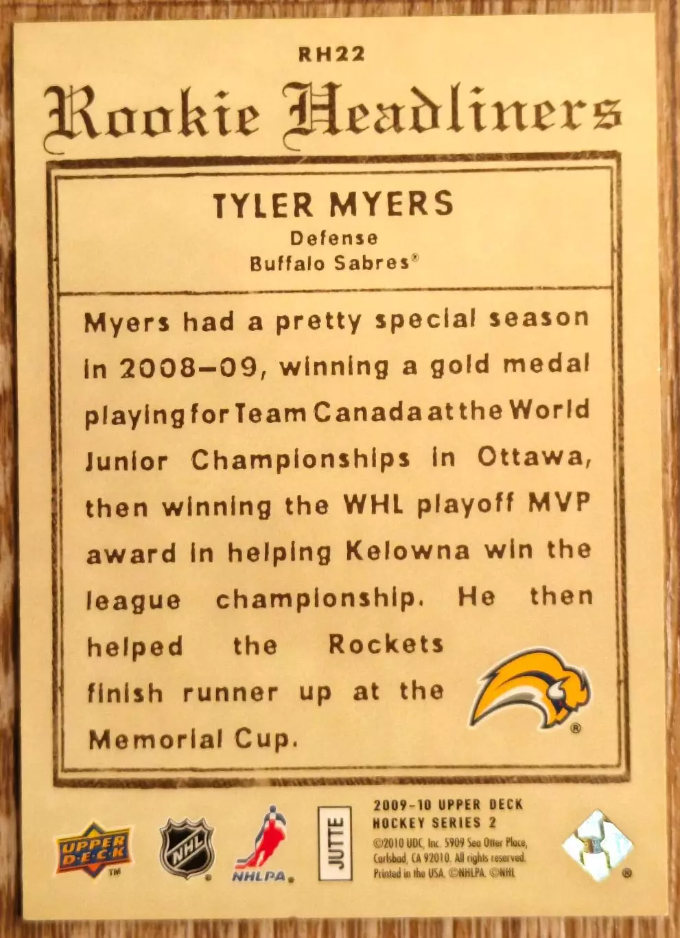 Карточка NHL. Тайлер Майерс/Tyler Myers Баффало 1