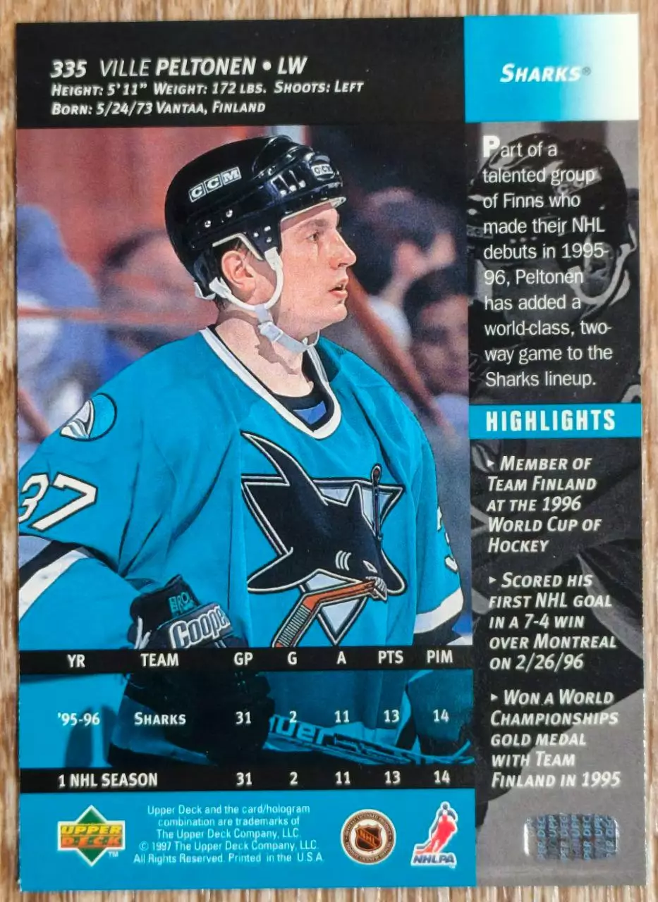 Карточка NHL. Вилле Пелтонен/Ville Peltonen Сан-Хосе 1