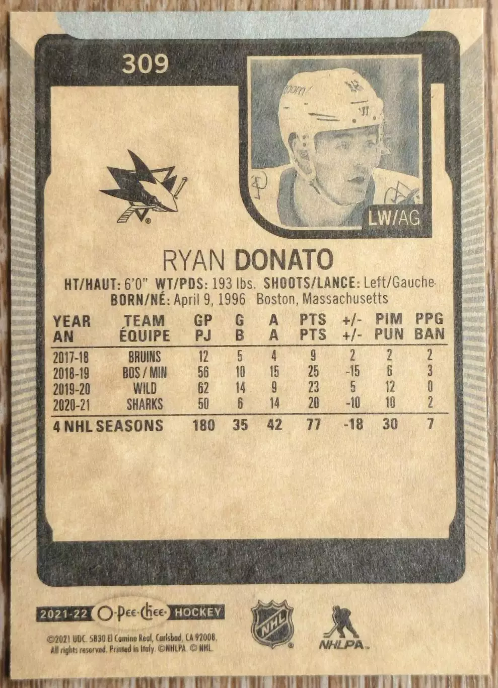 Карточка NHL. Райан Донато/Ryan Donato Сан-Хосе 1