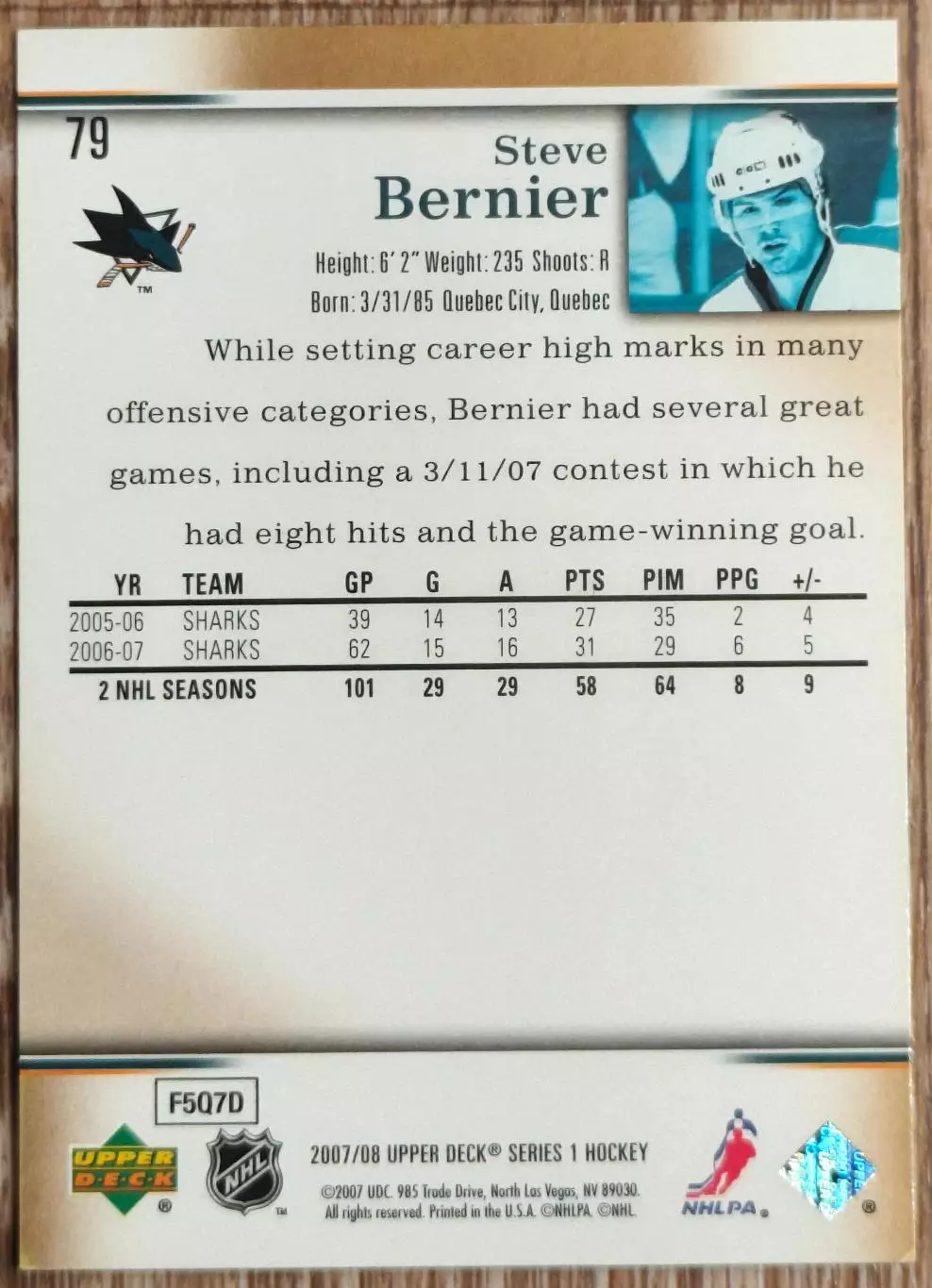 Карточка NHL. Стив Бернье/Steve Bernier Сан-Хосе 1