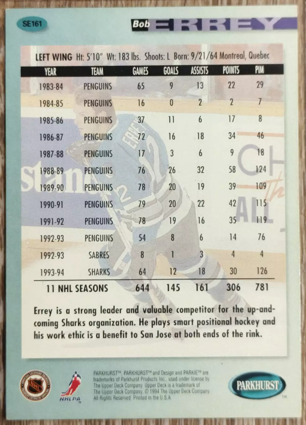 Карточка NHL. Боб Эрри/Bob Errey Сан-Хосе 1