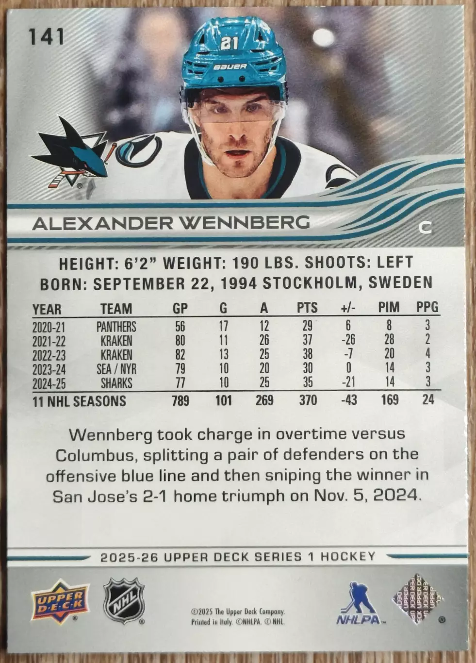 Карточка NHL. Александр Веннберг/Alexander Wennberg Сан-Хосе 1