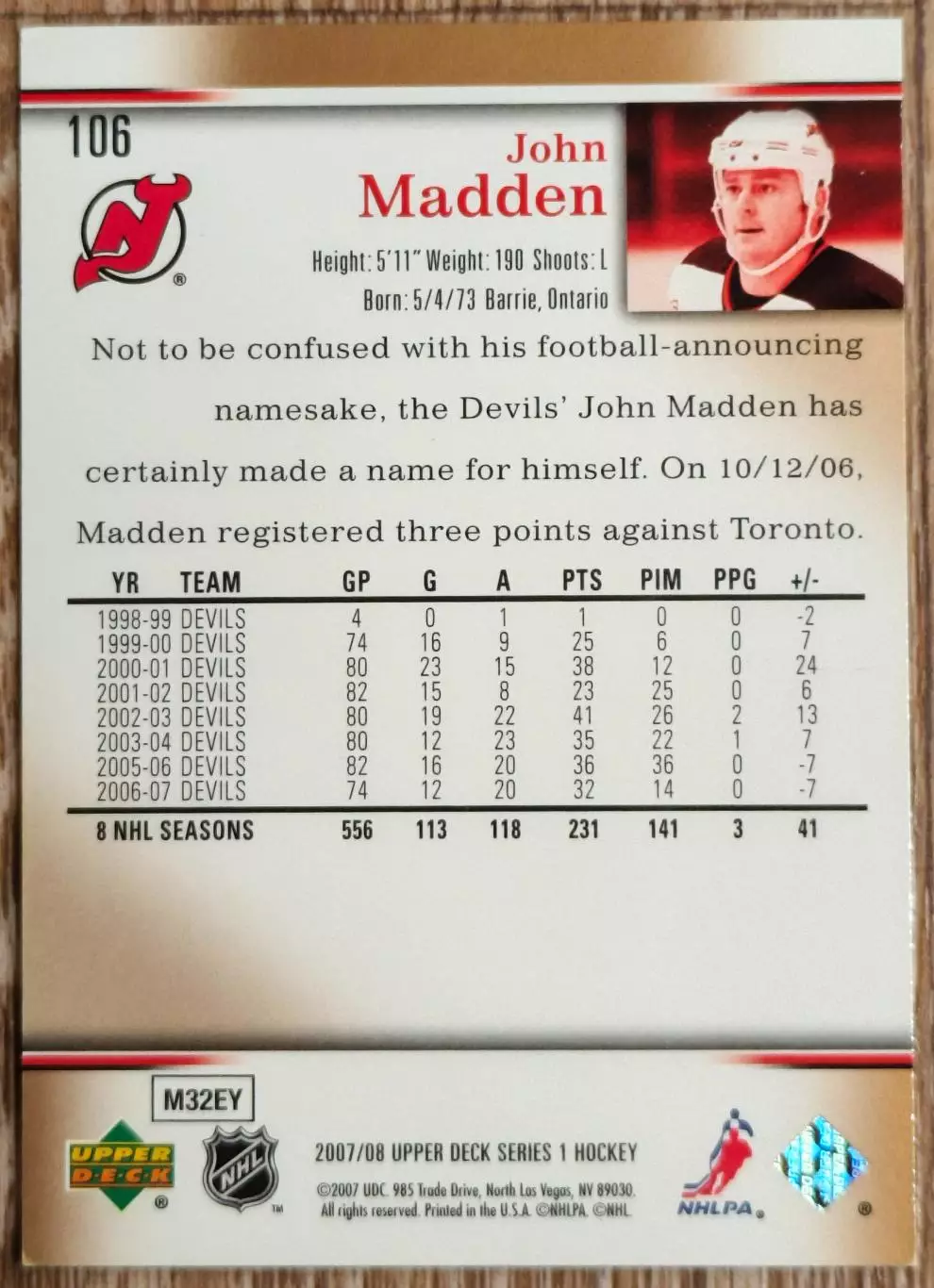 Карточка NHL. Джон Мэдден/John Madden Нью-Джерси 1