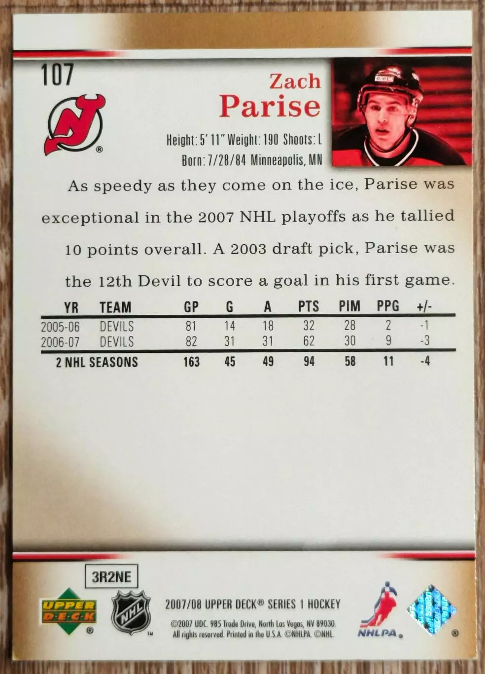 Карточка NHL. Зак Паризе/Zach Parise Нью-Джерси 1